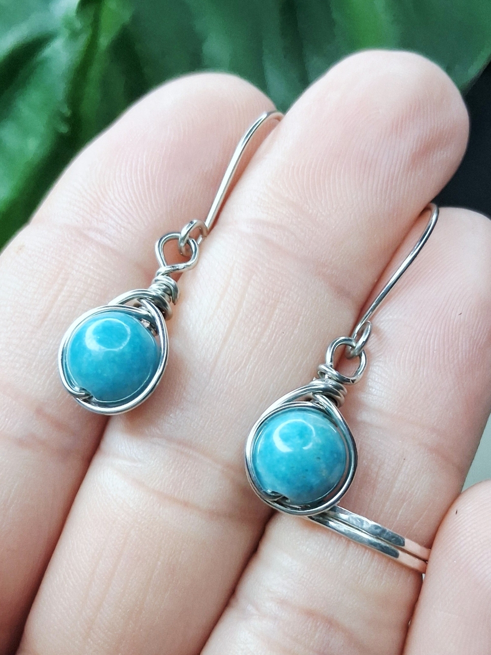 Larimar Gemstone Wire Wrapped Dangle Earrings - Picture 3 of 3